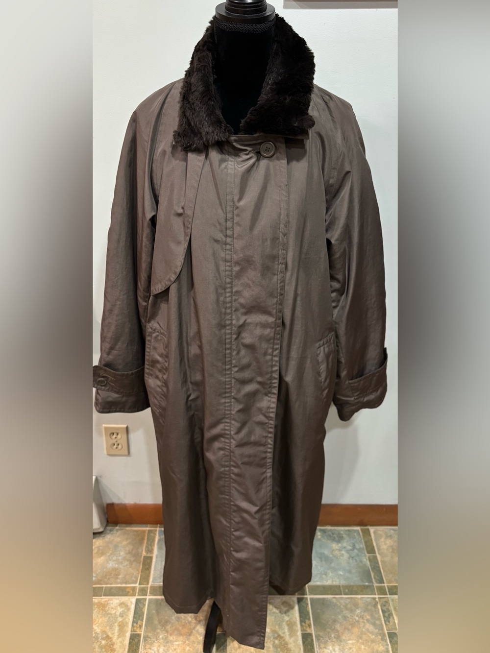 Women's Long Olive Green Trench Coat with Genuine Rabbit Full Length Lining